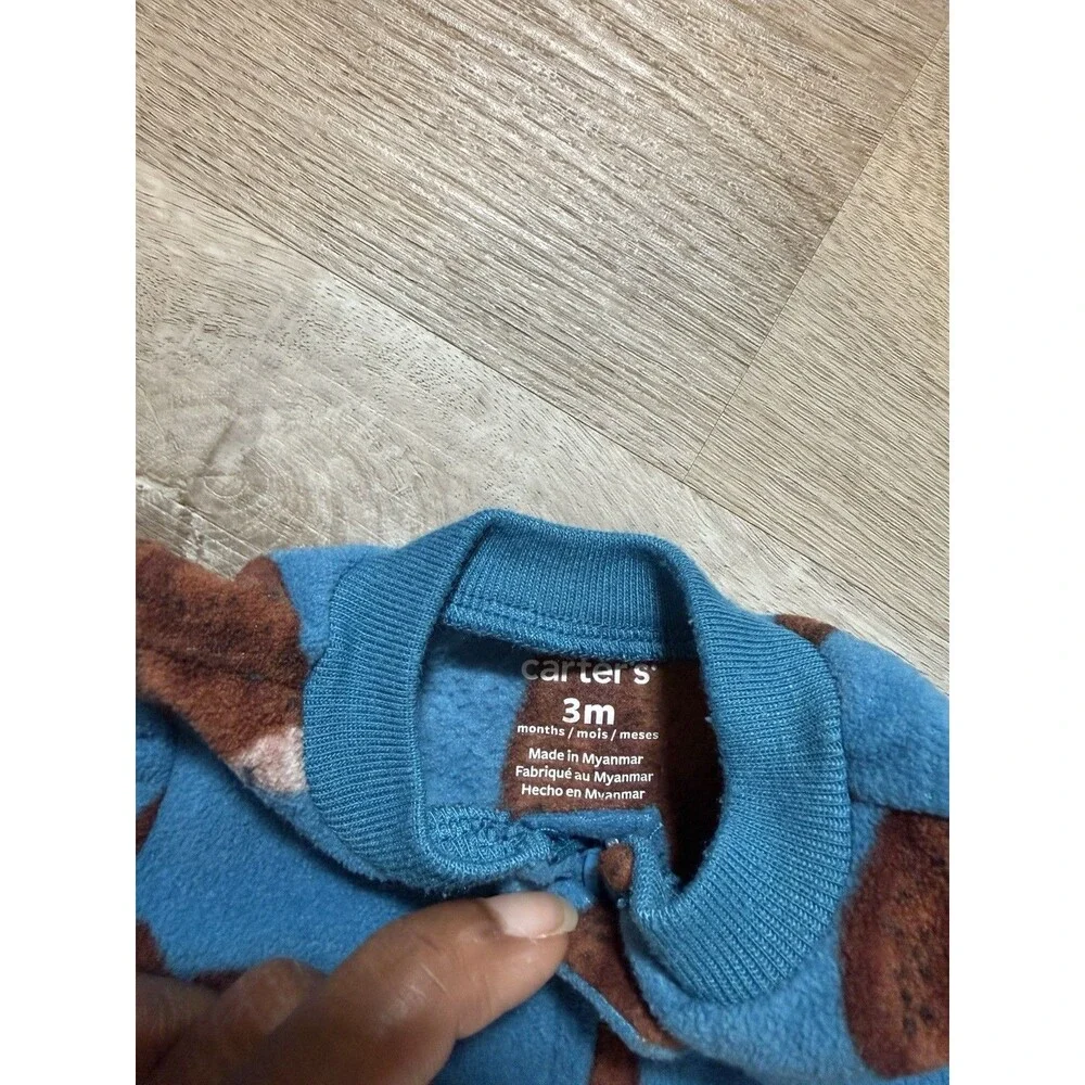 Carters 3 Month Fleece Footed Sleeper Blue Brown Bear Print Zip Up 3D Feet